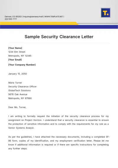Free Sample Security Clearance Letter Template to Edit Online