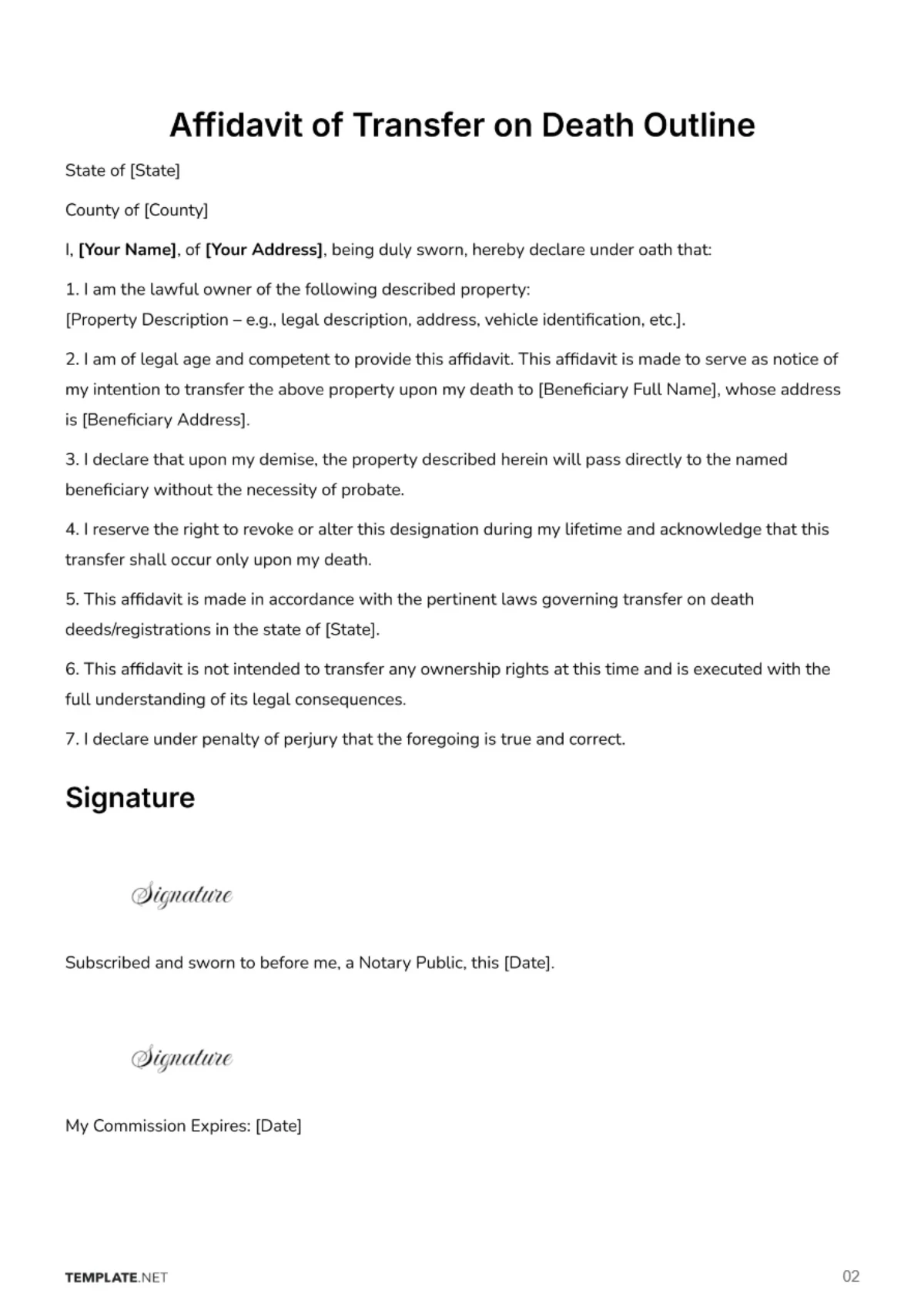 Free Affidavit of Transfer on Death Outline Template to Edit Online