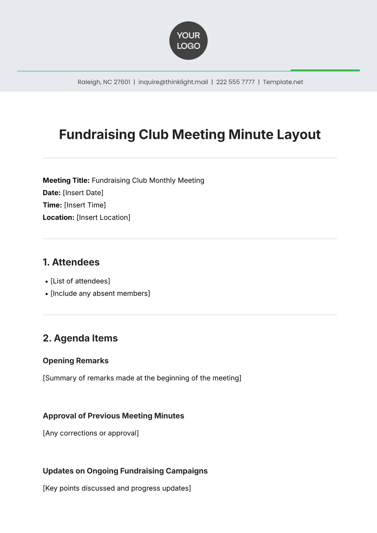 Free Fundraising Club Meeting Minute Layout Template