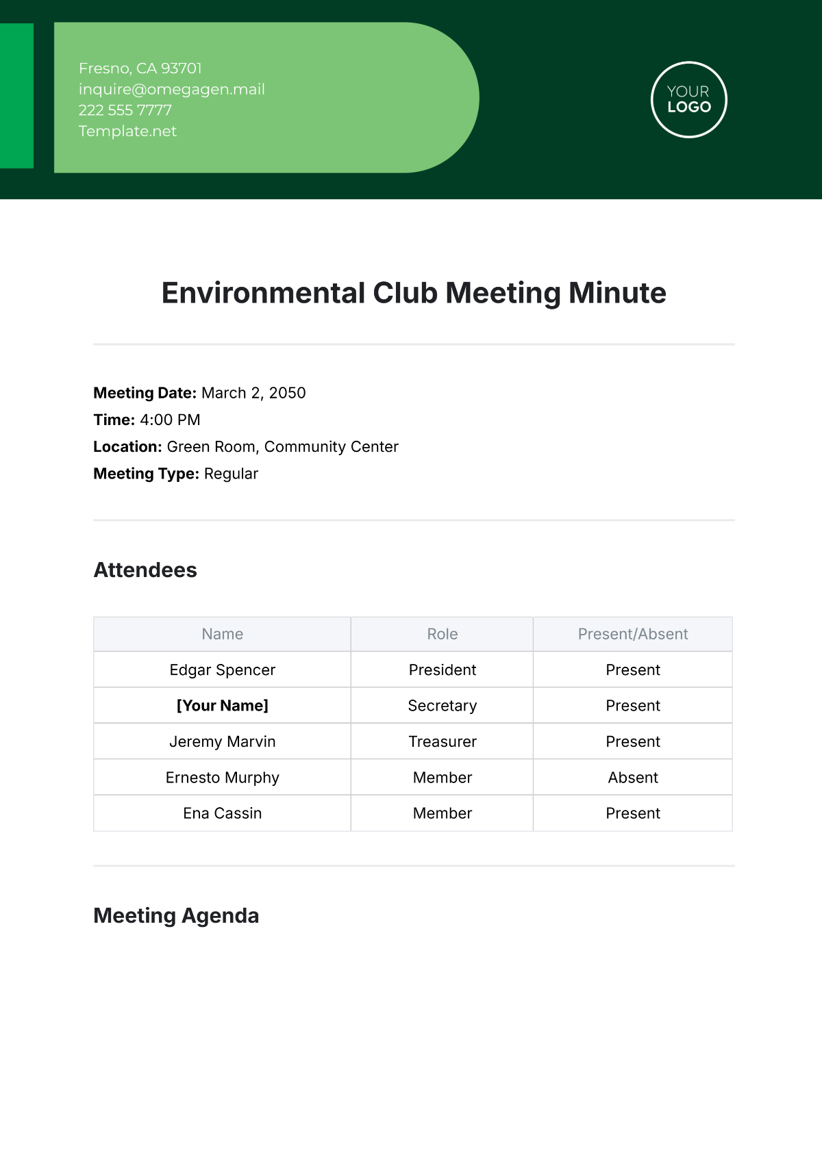 Free Environmental Club Meeting Minute Template