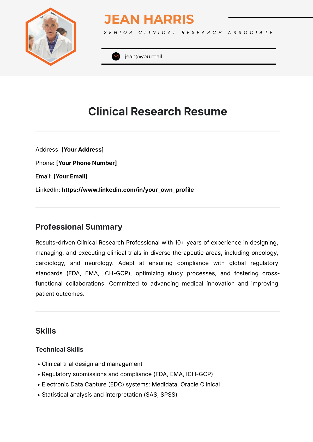 Free Clinical Research Resume Template