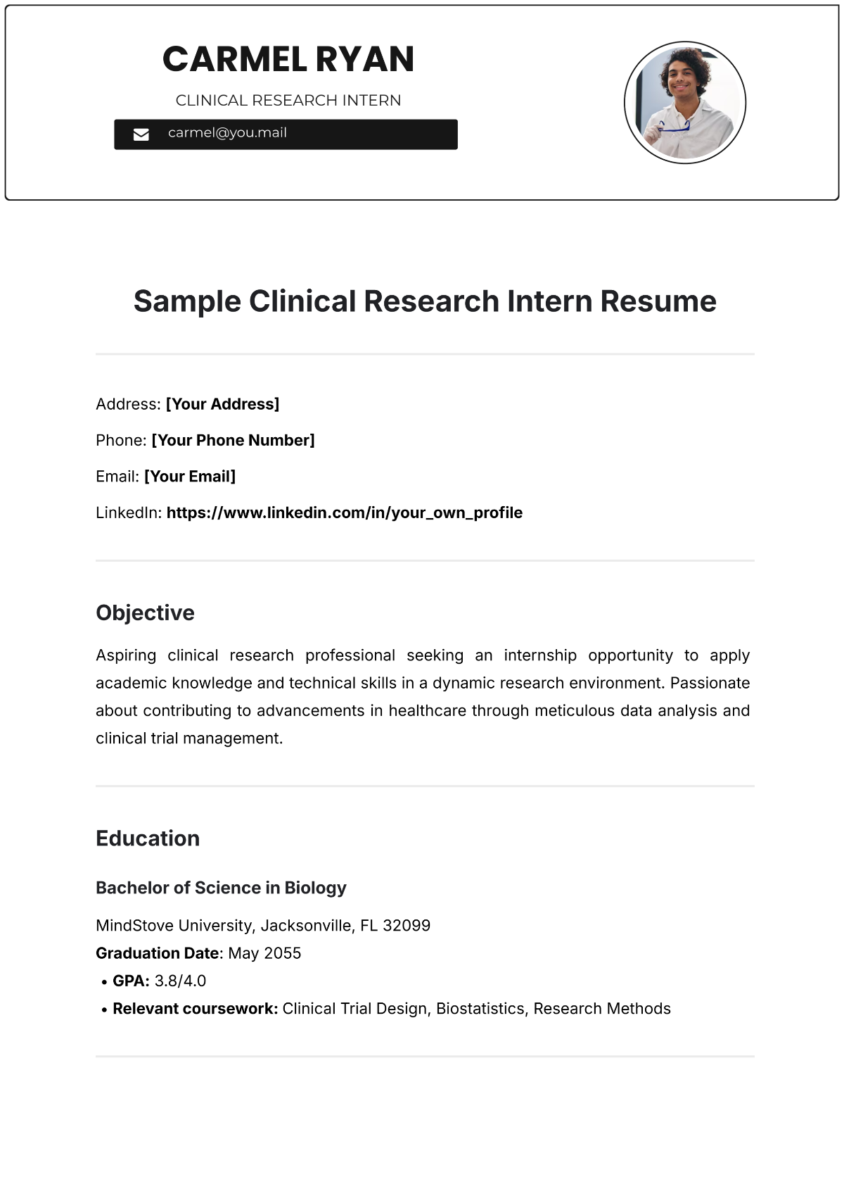 Free Sample Clinical Research Intern Resume Template