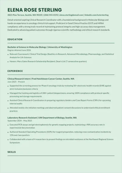 Free Sample Clinical Research Intern ATS Resume Template