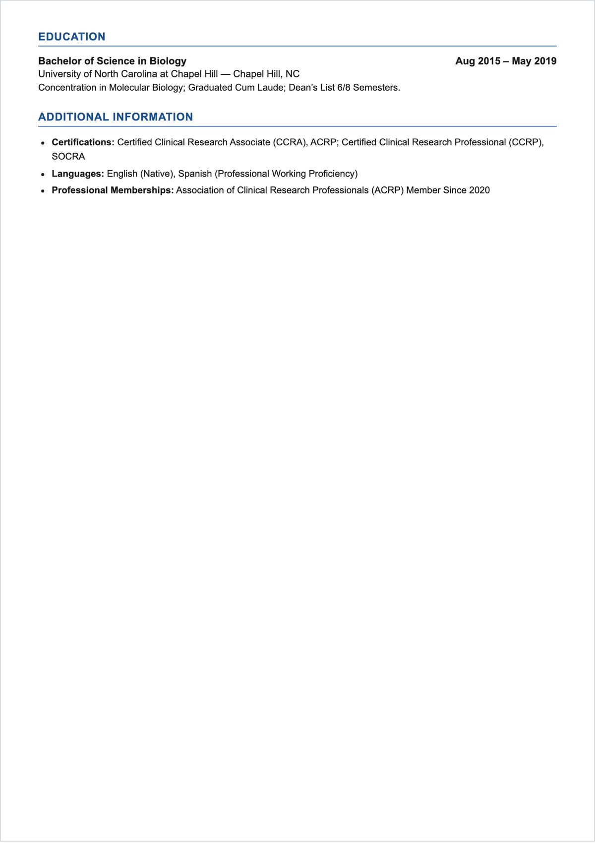 Free Simple Clinical Research Associate ATS Resume Template