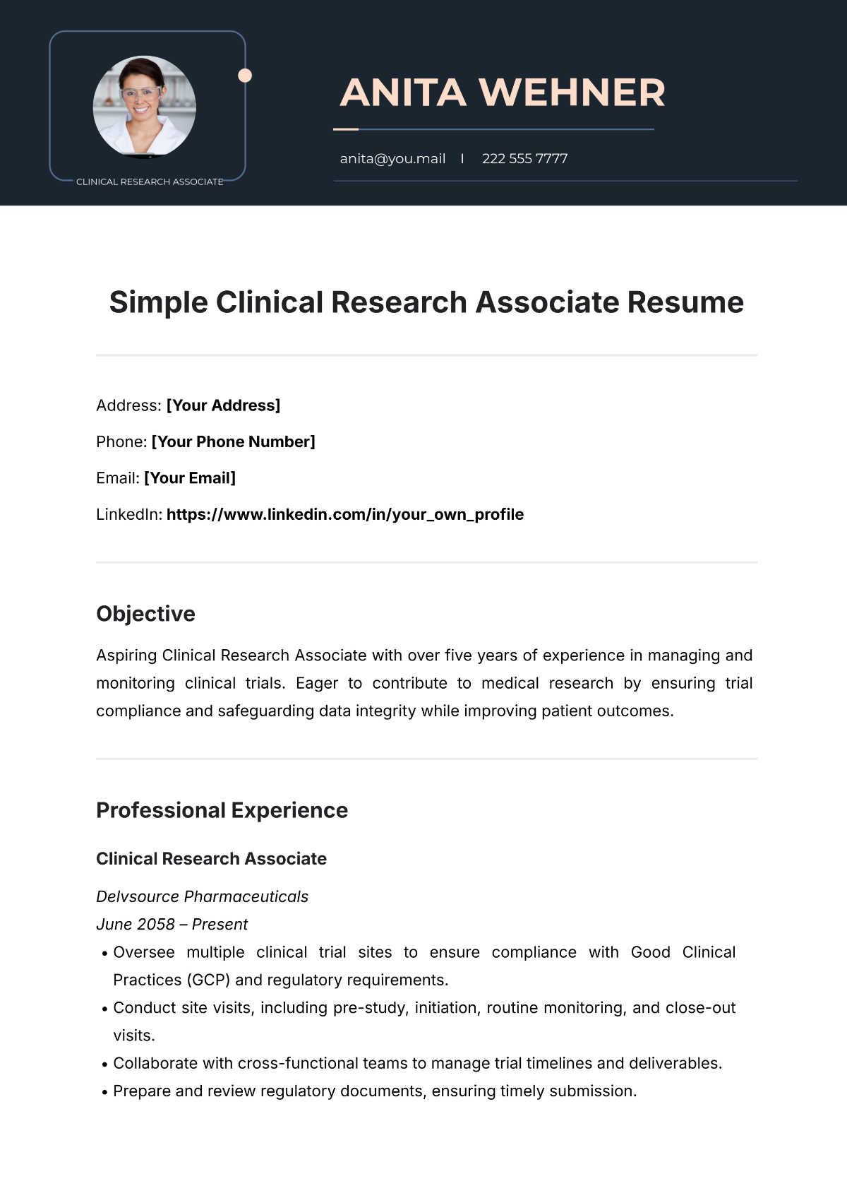 Free Simple Clinical Research Associate Resume Template