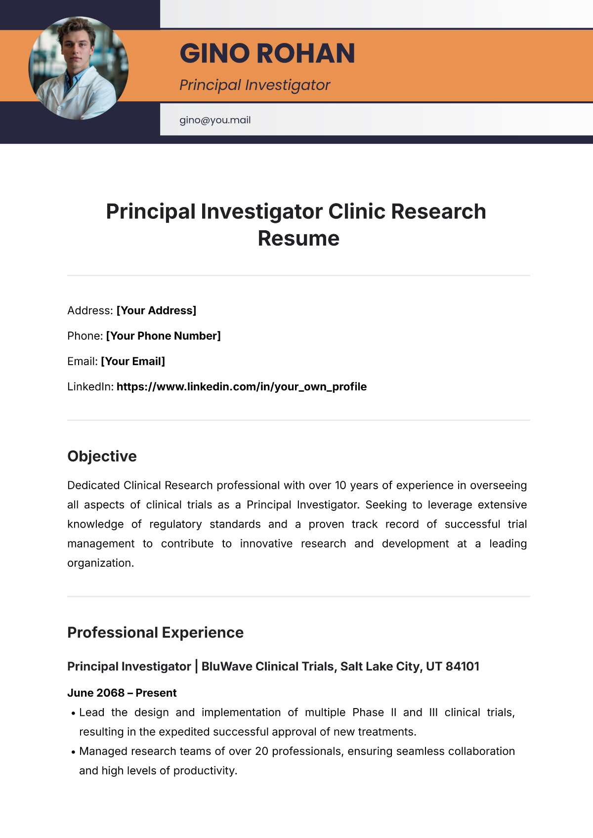 Free Principal Investigator Clinic Research Resume Template