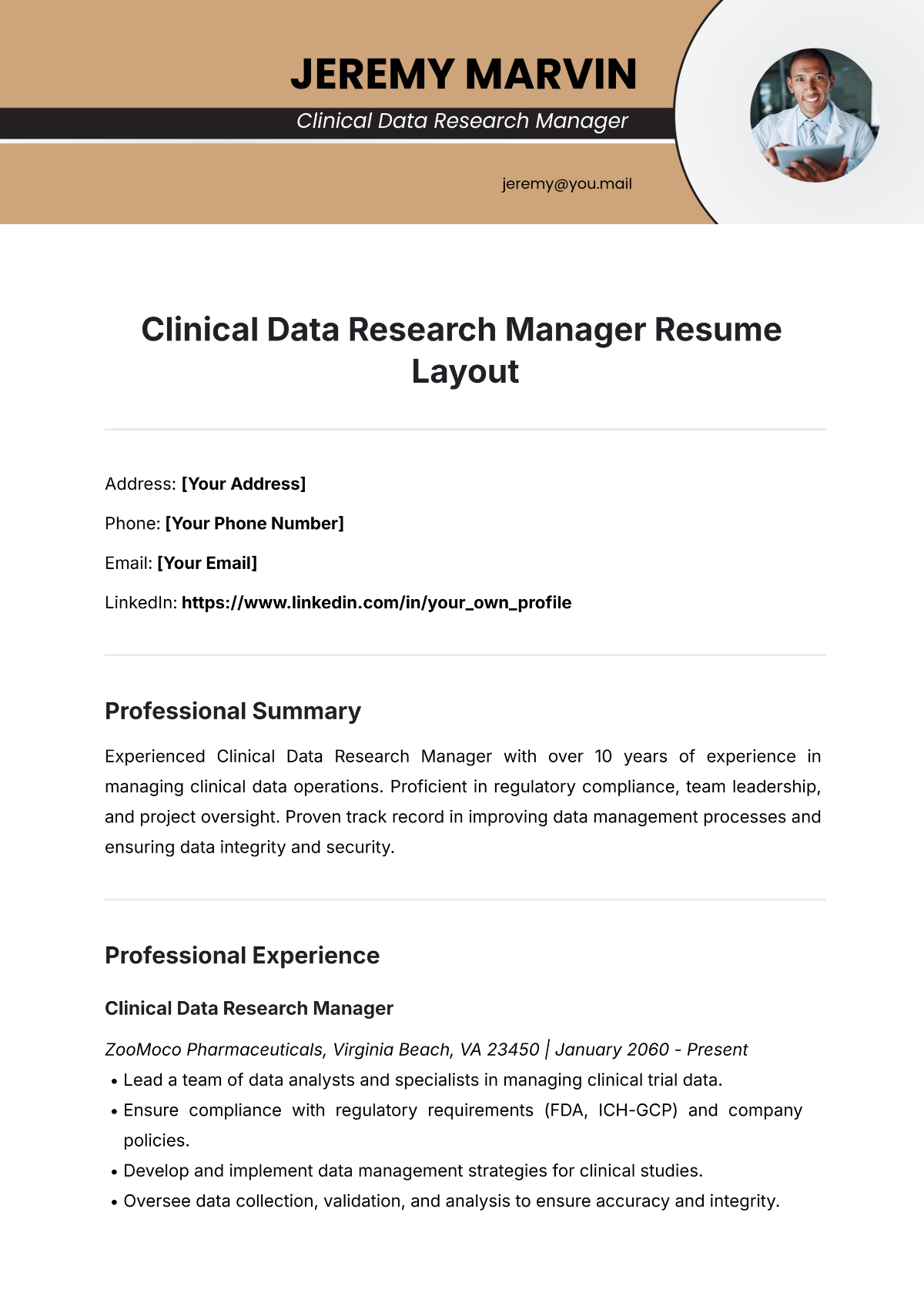 Free Clinical Data Research Manager Resume Layout Template