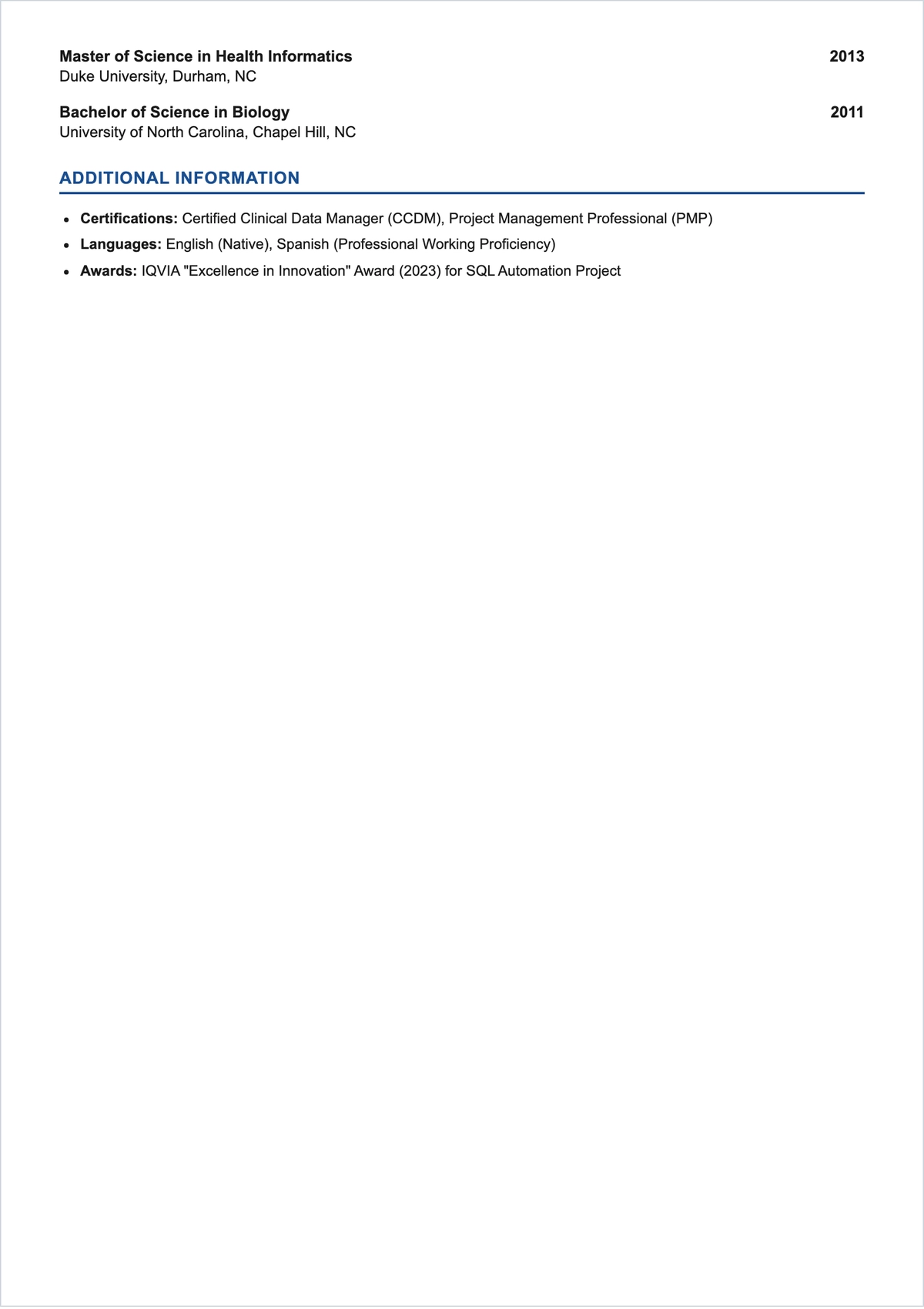 Free Clinical Data Research Manager ATS Resume Template