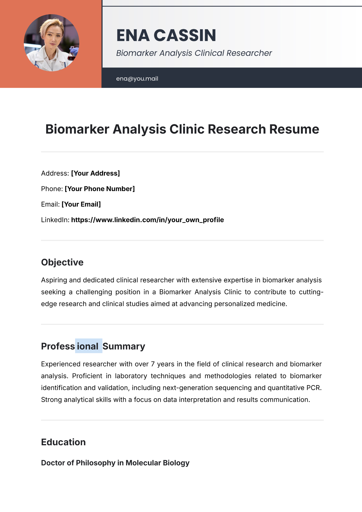 Free Biomarker Analysis Clinic Research Resume Template