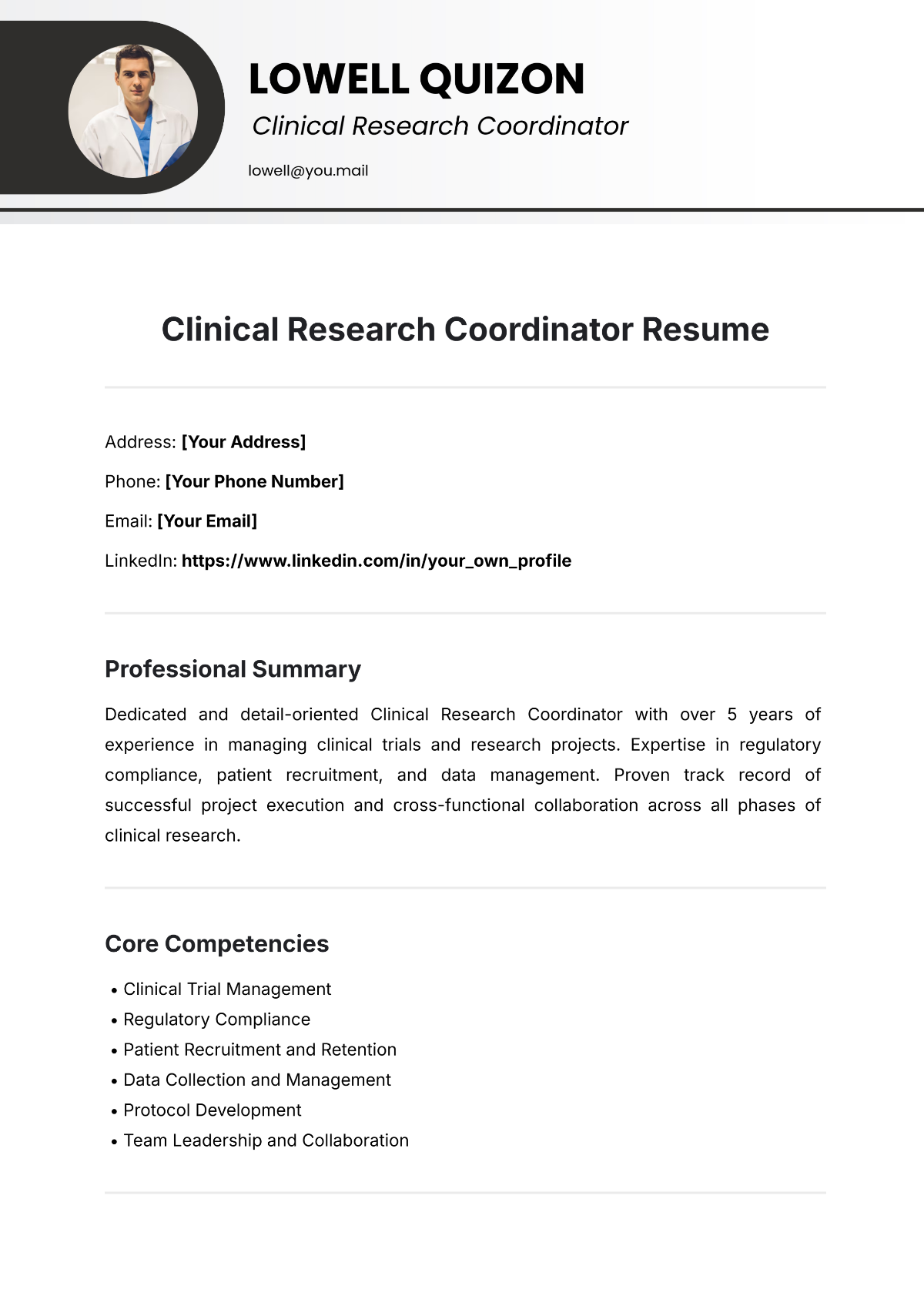 Free Clinical Research Coordinator Resume Template