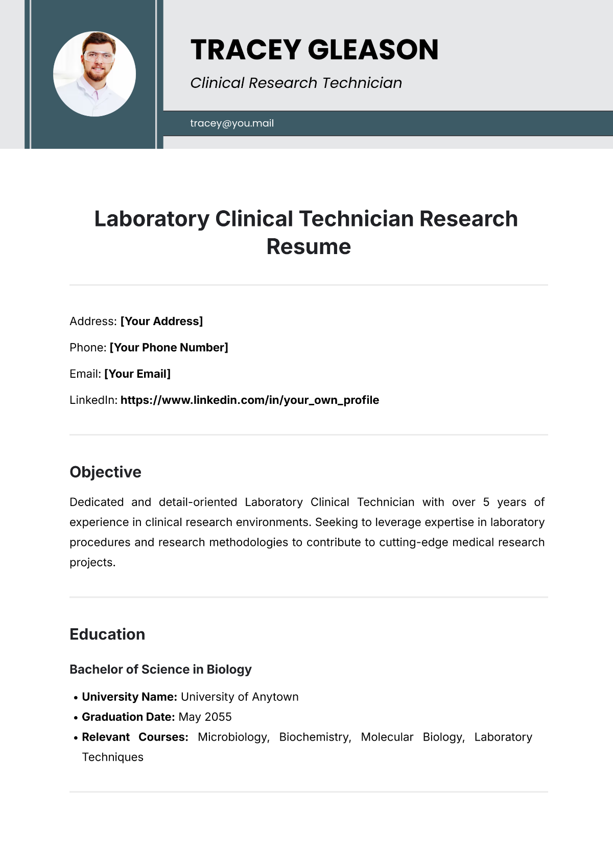 Free Laboratory Clinical Technician Research Resume Template