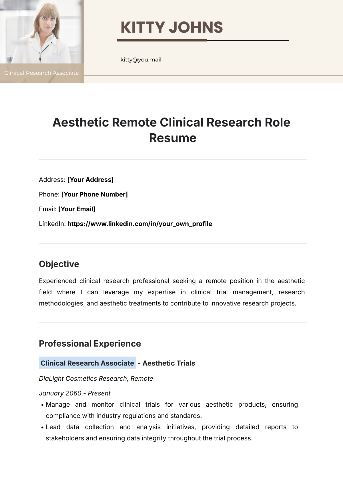 Free Aesthetic Remote Clinical Research Role Resume Template