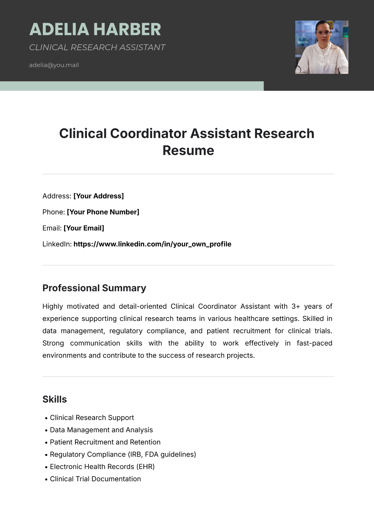 Free Clinical Coordinator Assistant Research Resume Template