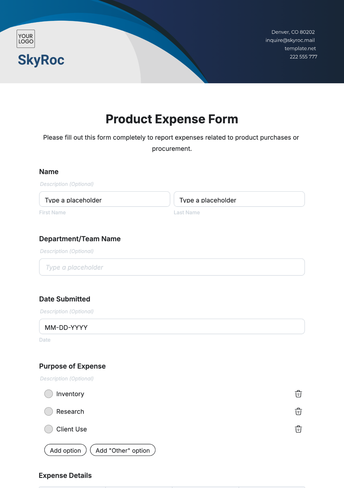 Free Product Expense Form Template