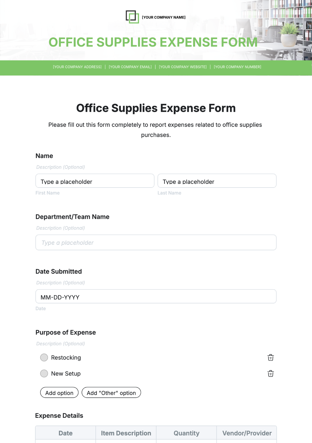 Free Office Supplies Expense Form Template