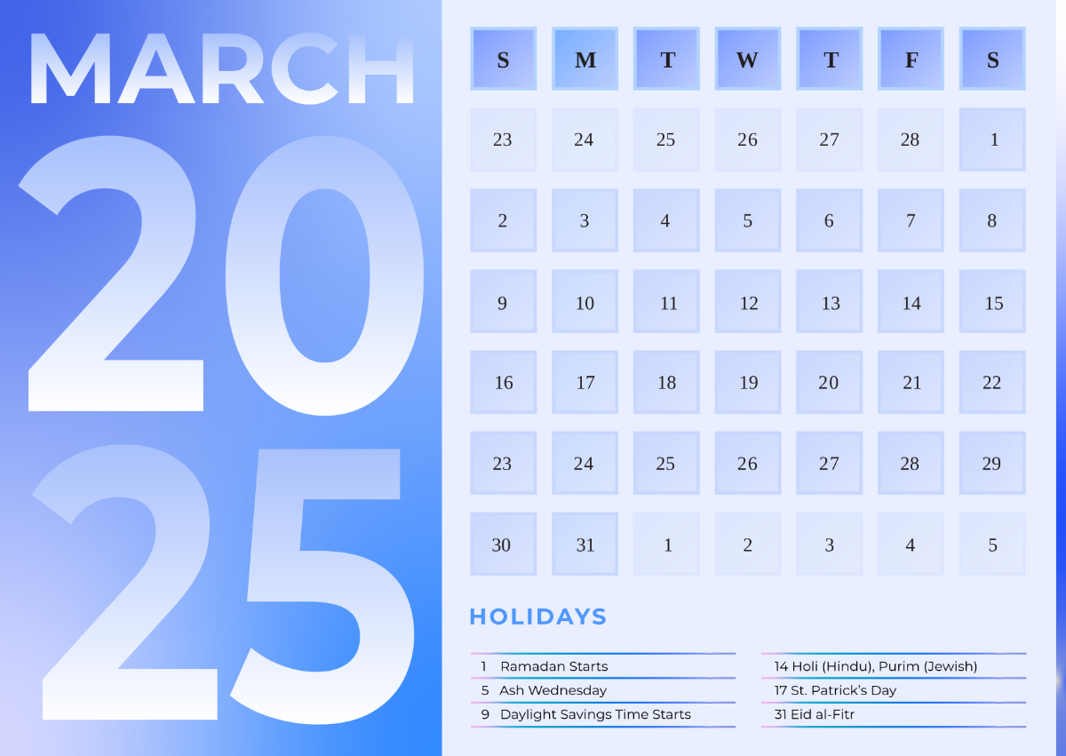 Free March 2025 Calendar with USA Holidays Template