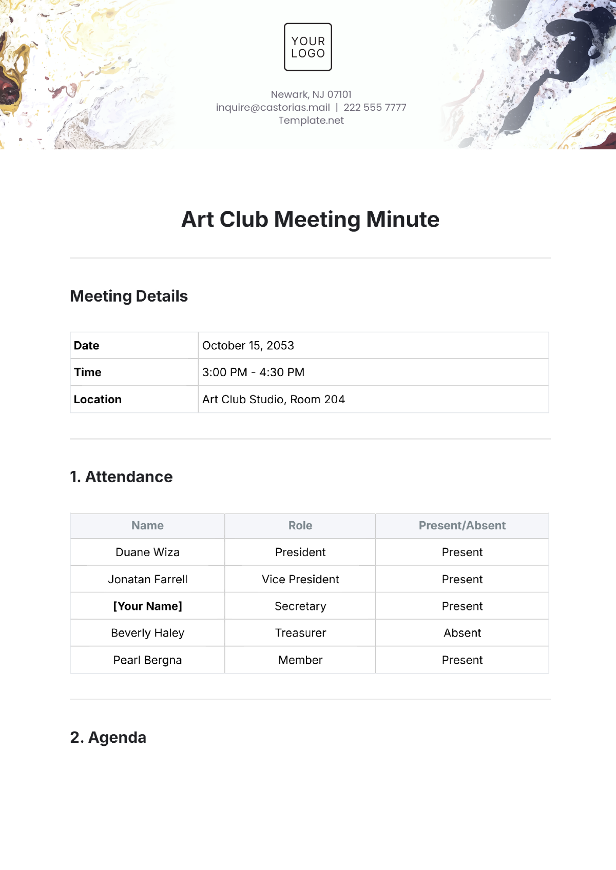 Free Art Club Meeting Minute Template