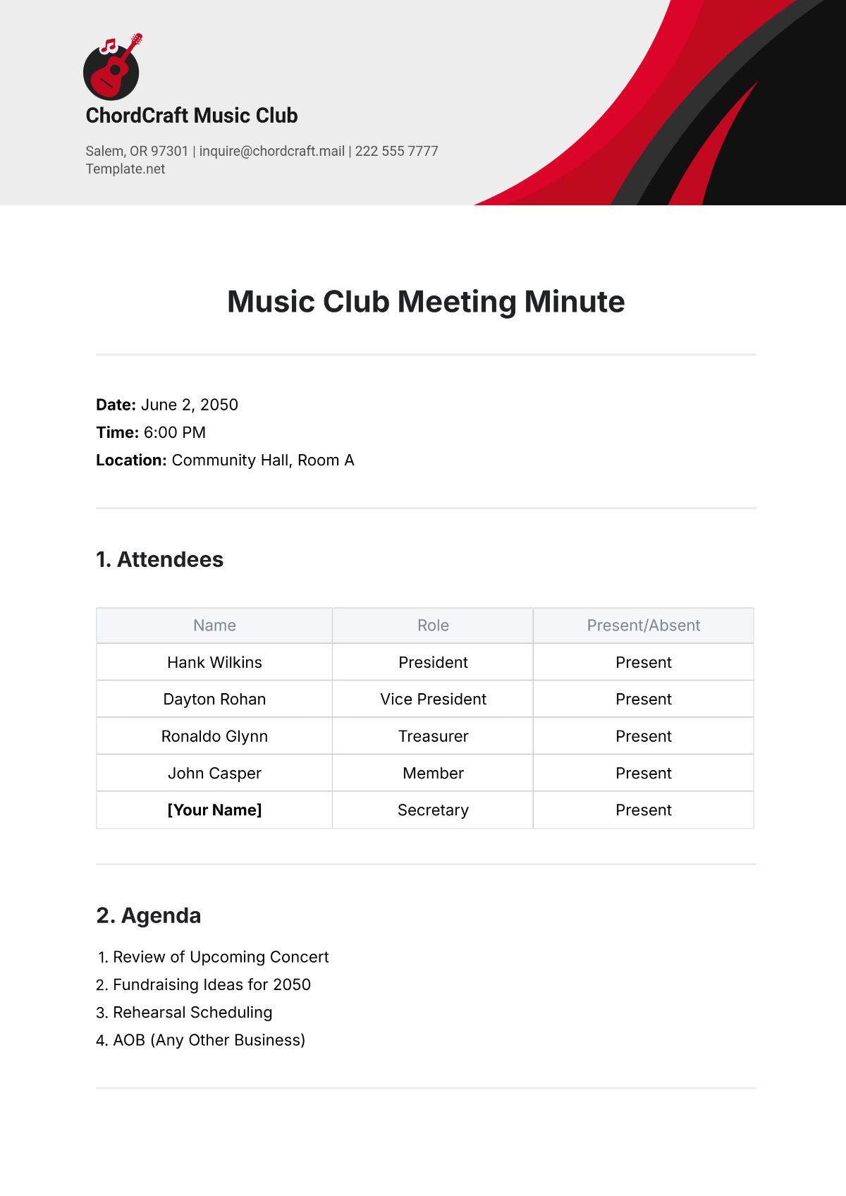 Free Music Club Meeting Minute Template