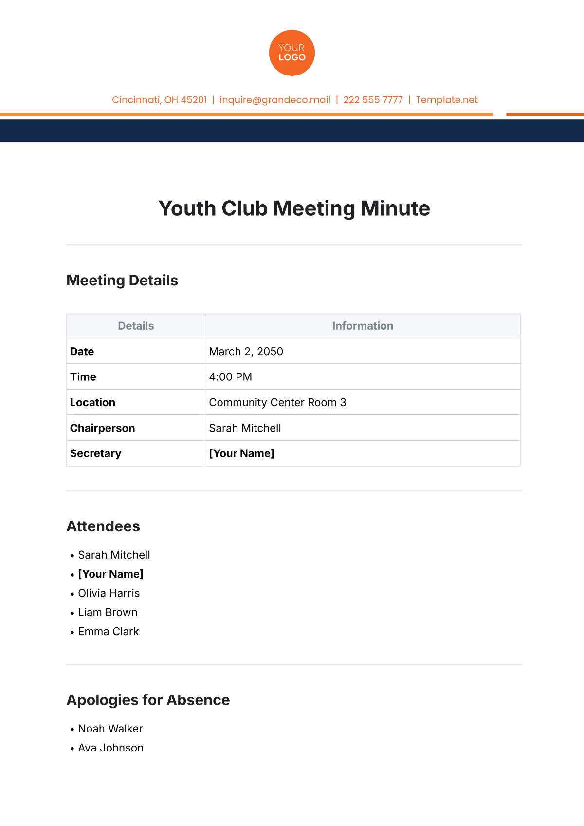 Free Youth Club Meeting Minute Template