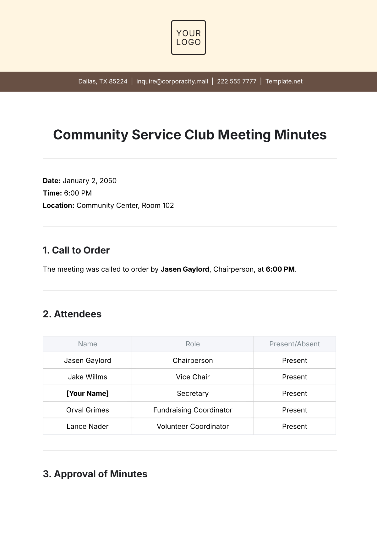 Free Community Service Club Meeting Minutes Template