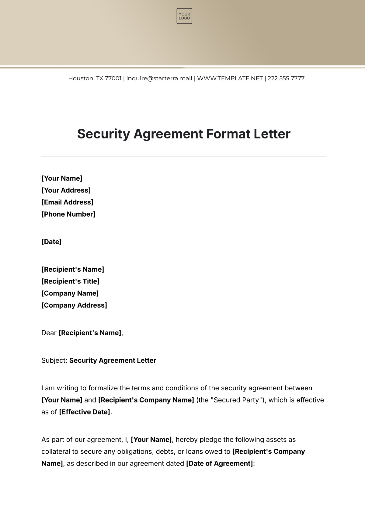 Security Agreement Format Letter Template - Edit Online & Download