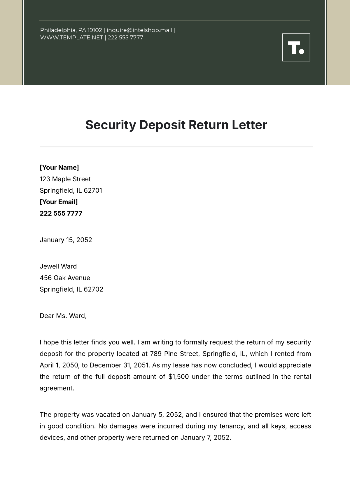 Security Deposit Return Letter Template - Edit Online & Download