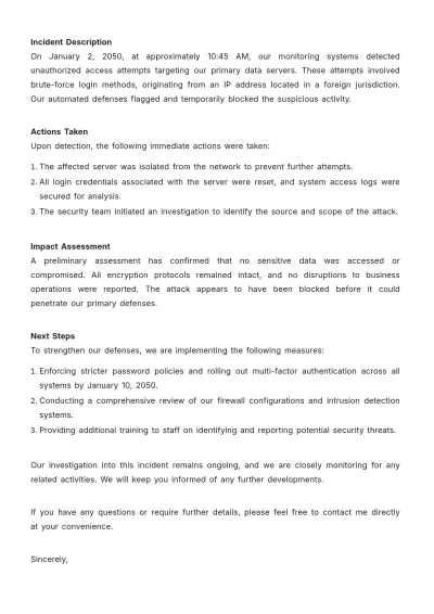 Free Security Incident Report Letter Template to Edit Online
