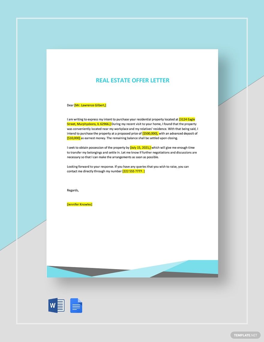 Simple Real Estate Offer Letter In Word Google Docs PDF Download 