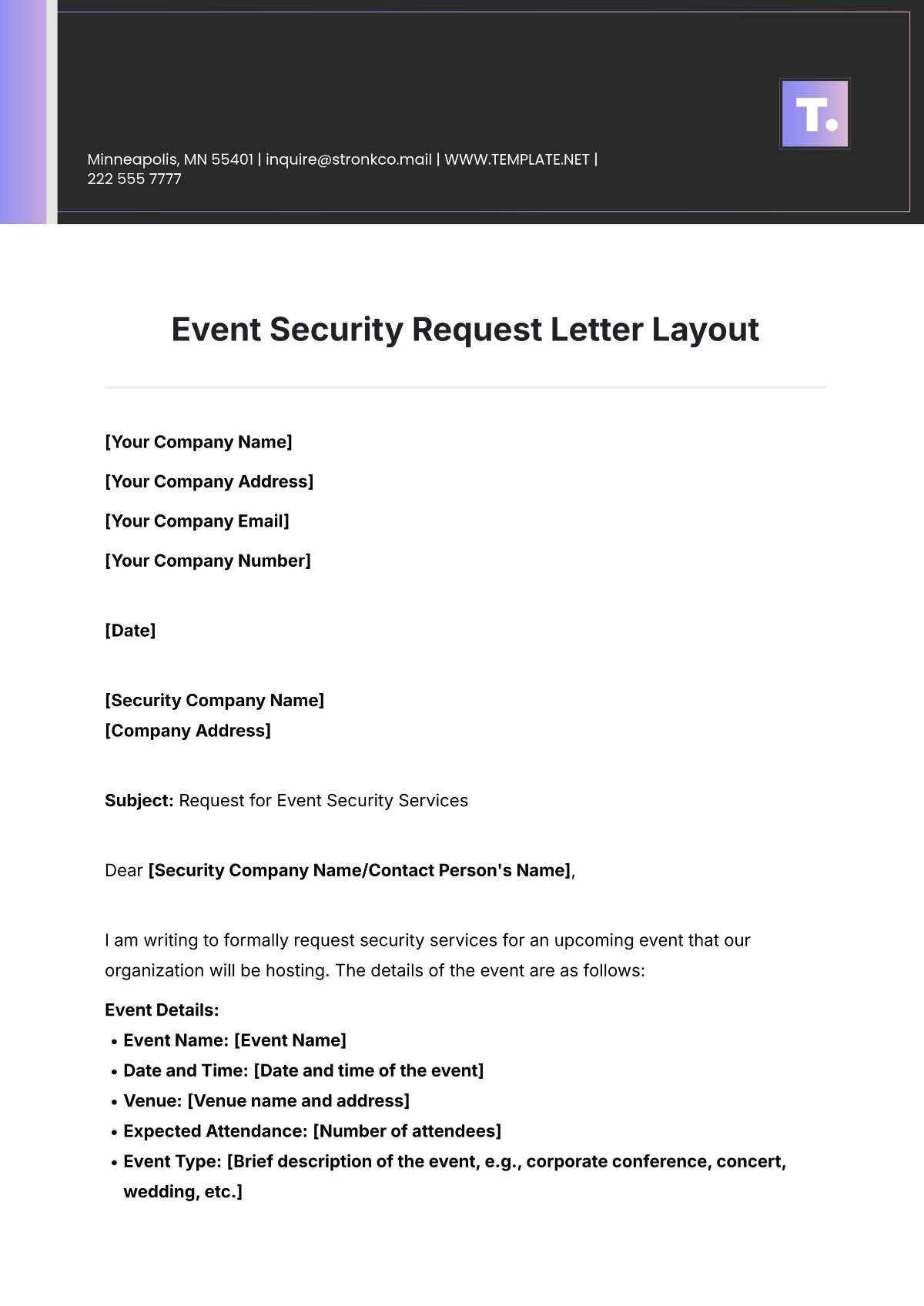 Event Security Request Letter Layout Template - Edit Online & Download