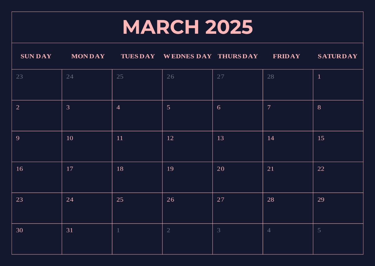 Free March 2025 Calendar with Moon Phases Template to Edit Online