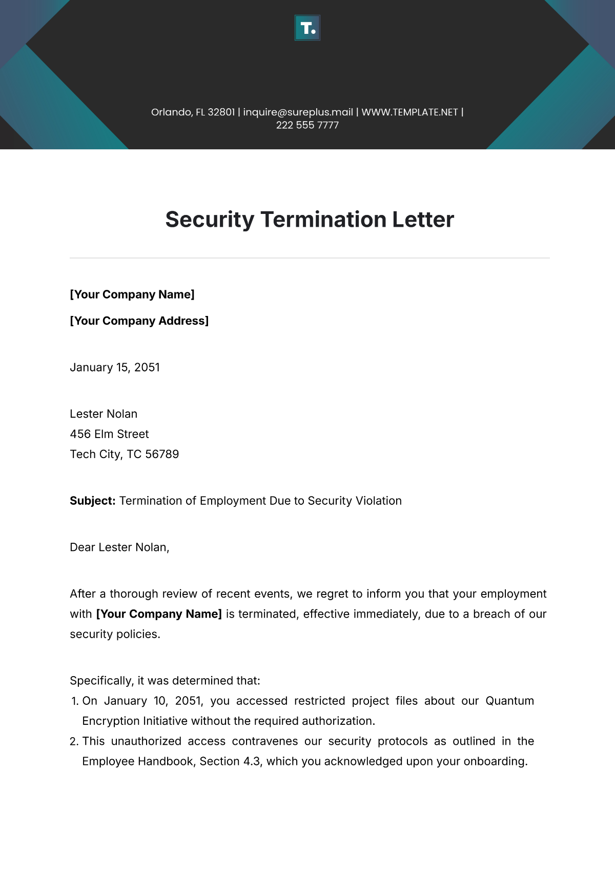 Security Termination Letter Template - Edit Online & Download