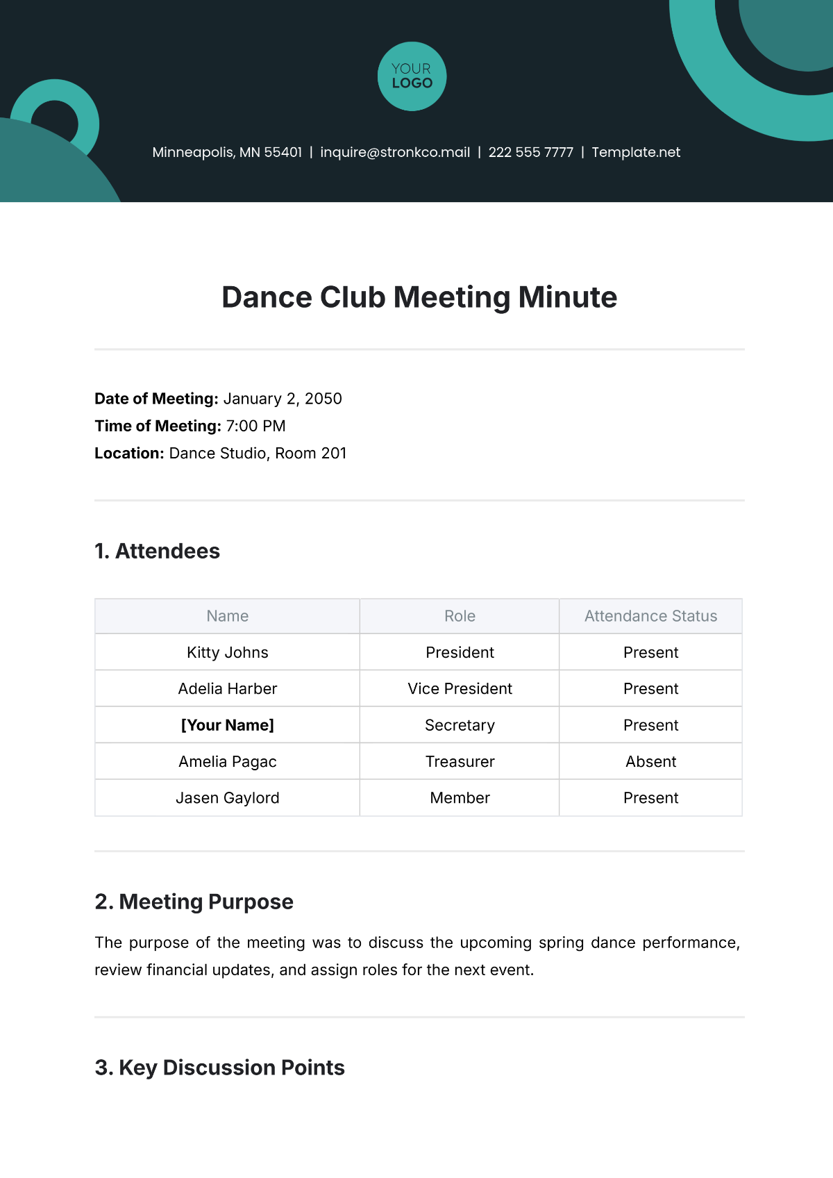 Free Dance Club Meeting Minute Template