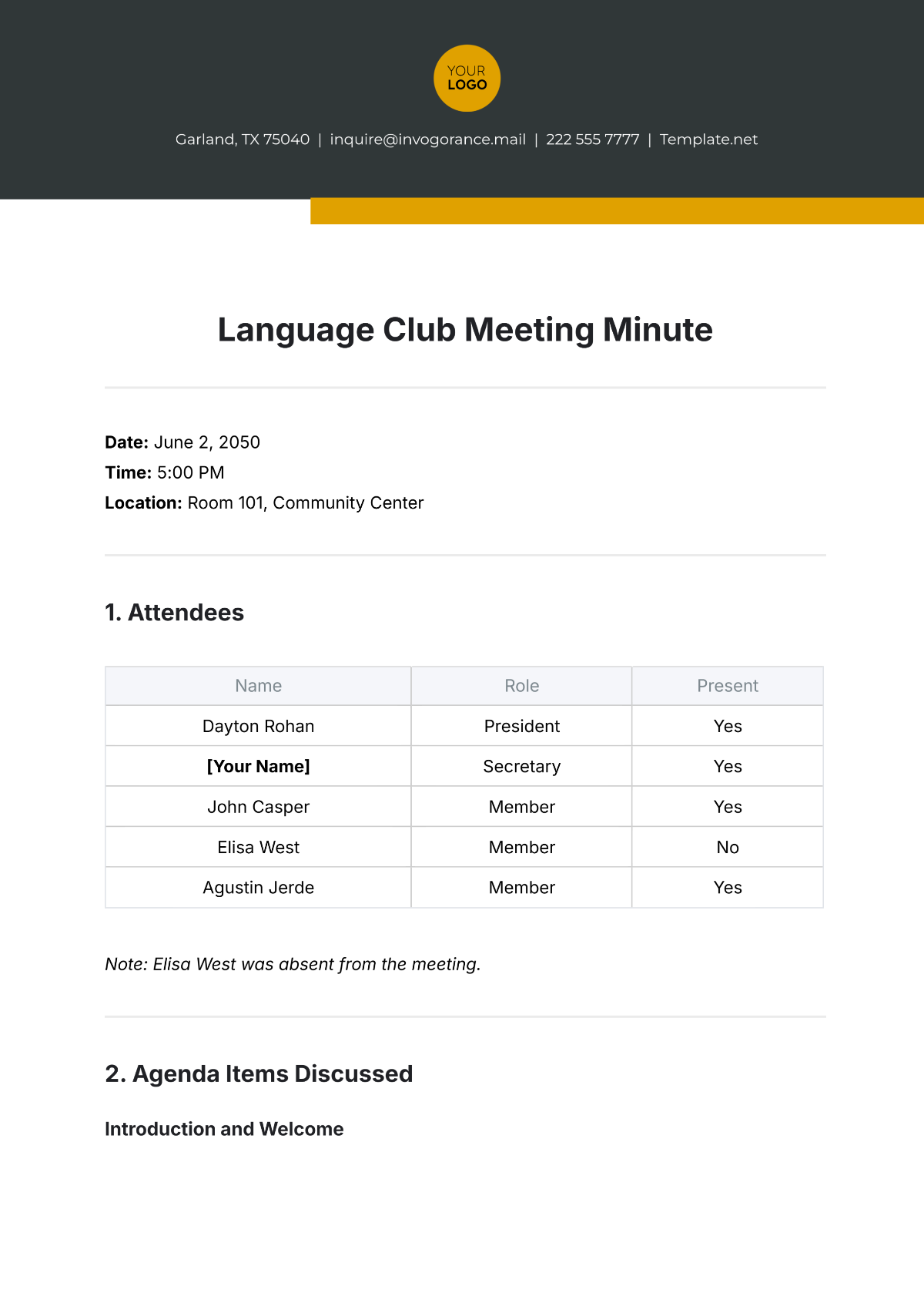 Free Language Club Meeting Minute Template