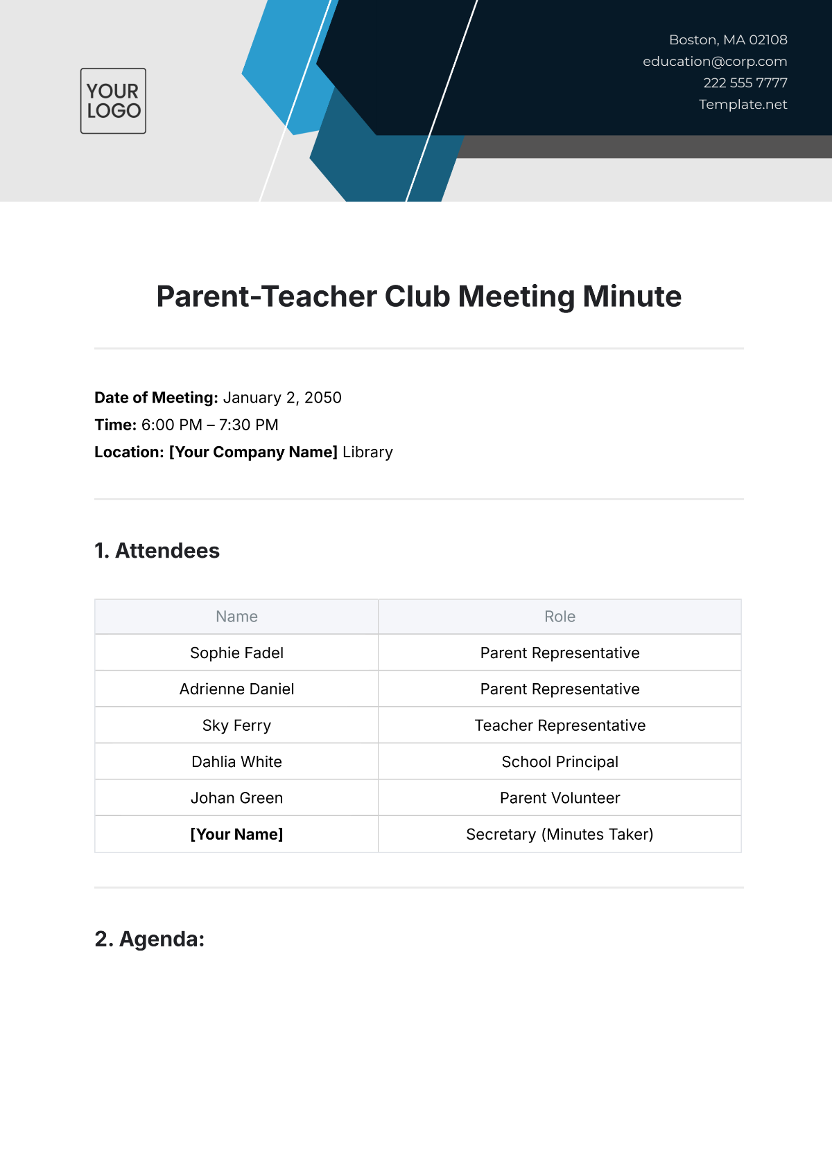 Free Parent-Teacher Club Meeting Minute Template