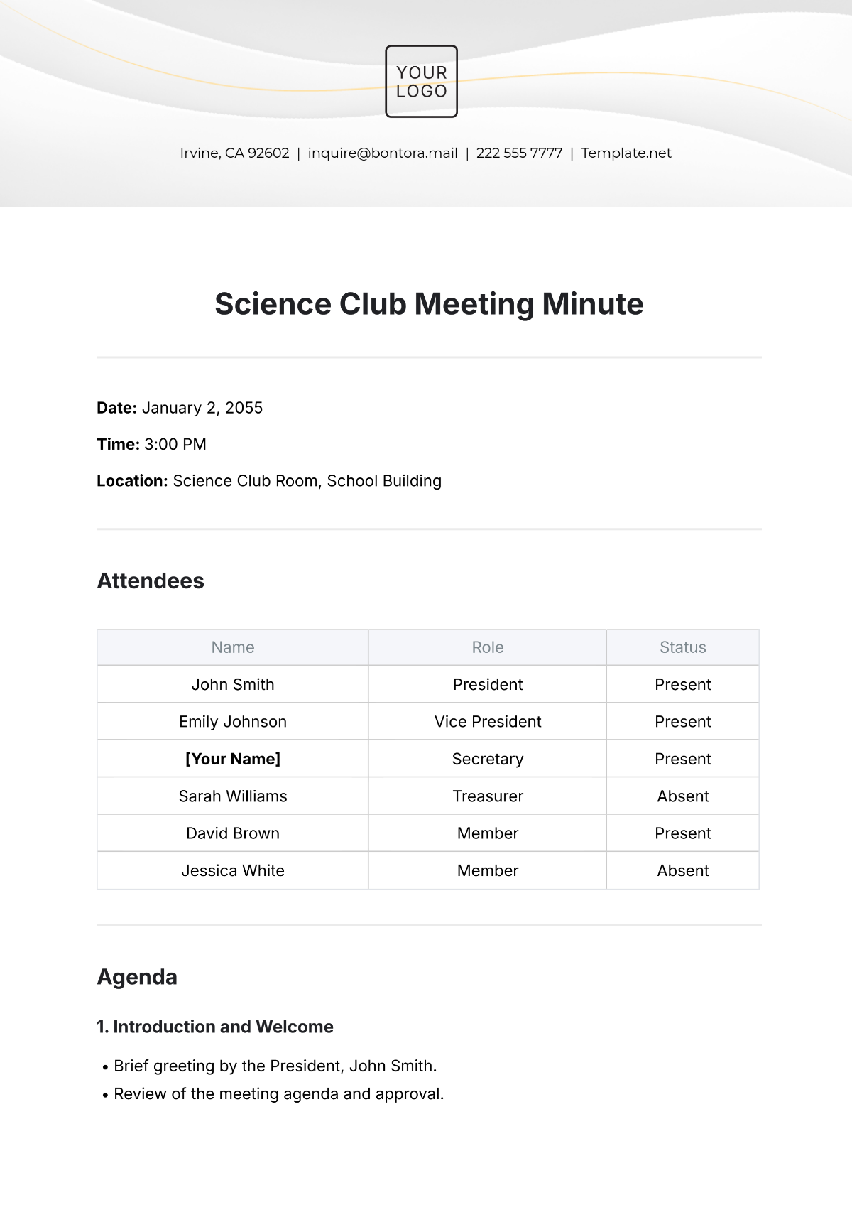 Free Science Club Meeting Minute Template