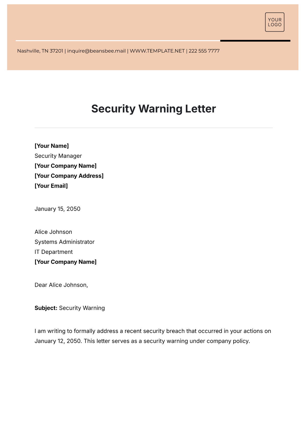 Security Warning Letter Template - Edit Online & Download