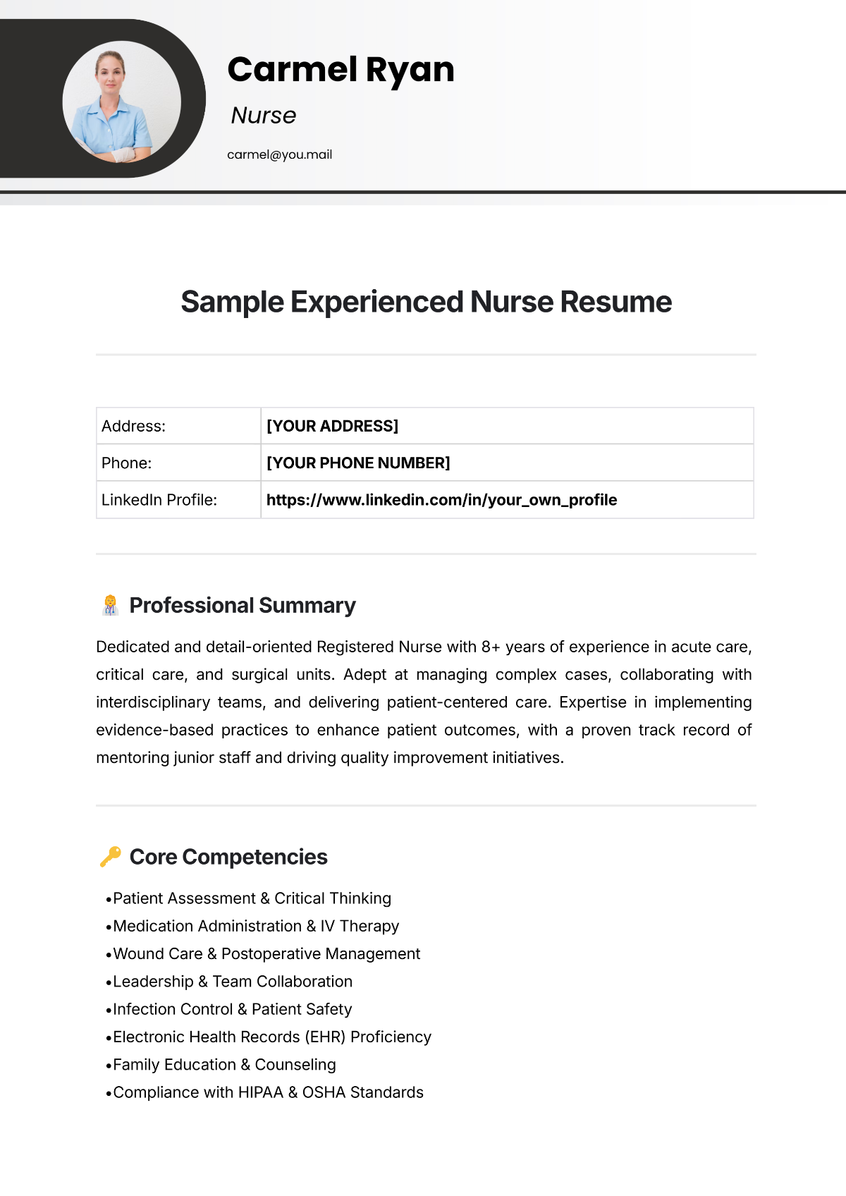 Free Sample Experienced Nurse Resume Template