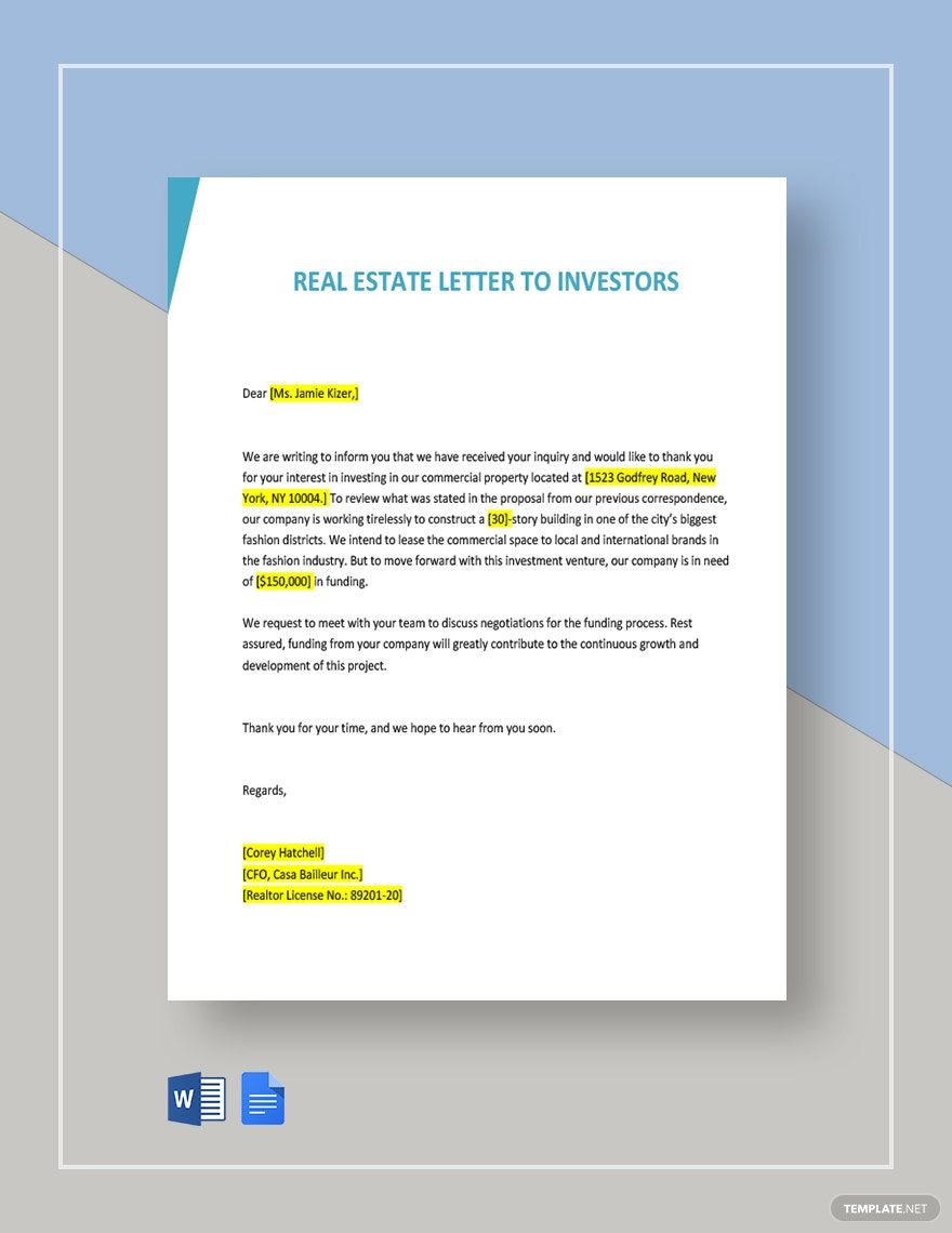 Real Estate Letter Template To Investors