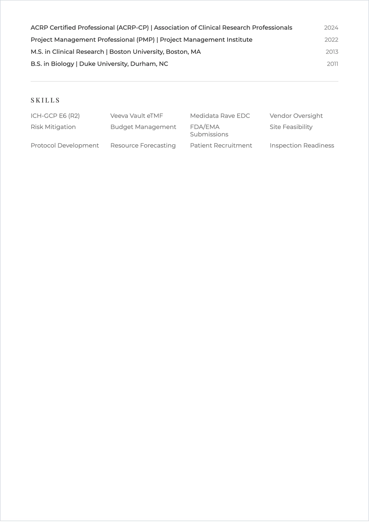 Free Printable Clinical Project Manager ATS Resume Template