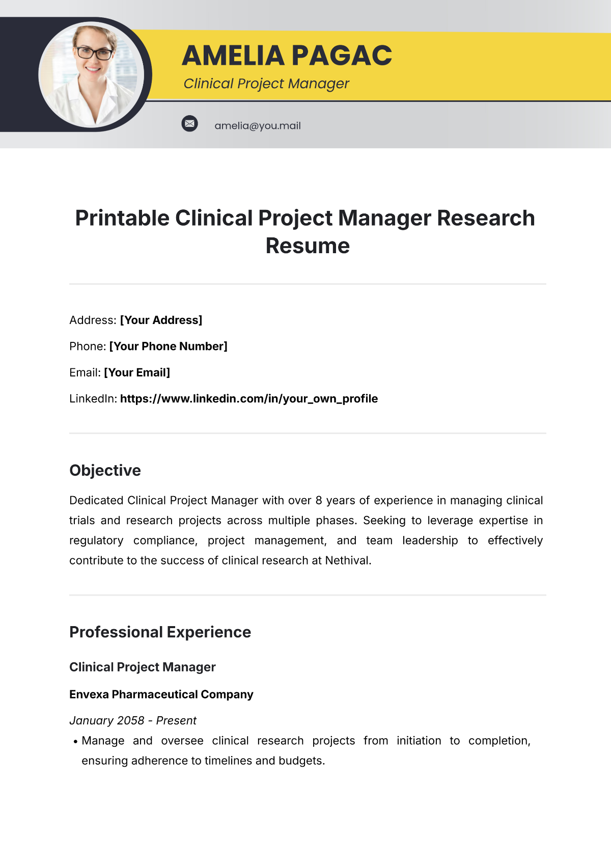 Free Printable Clinical Project Manager Research Resume Template