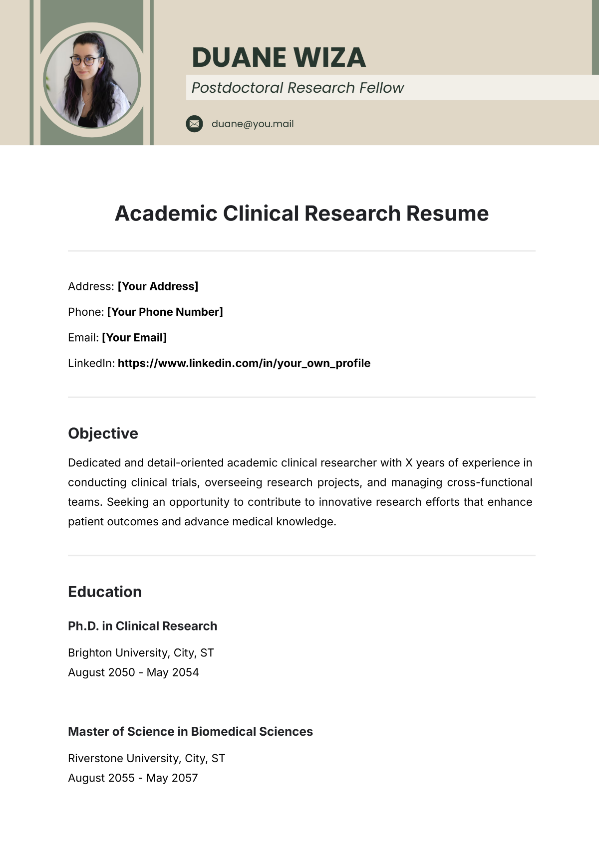 Free Academic Clinical Research Resume Template