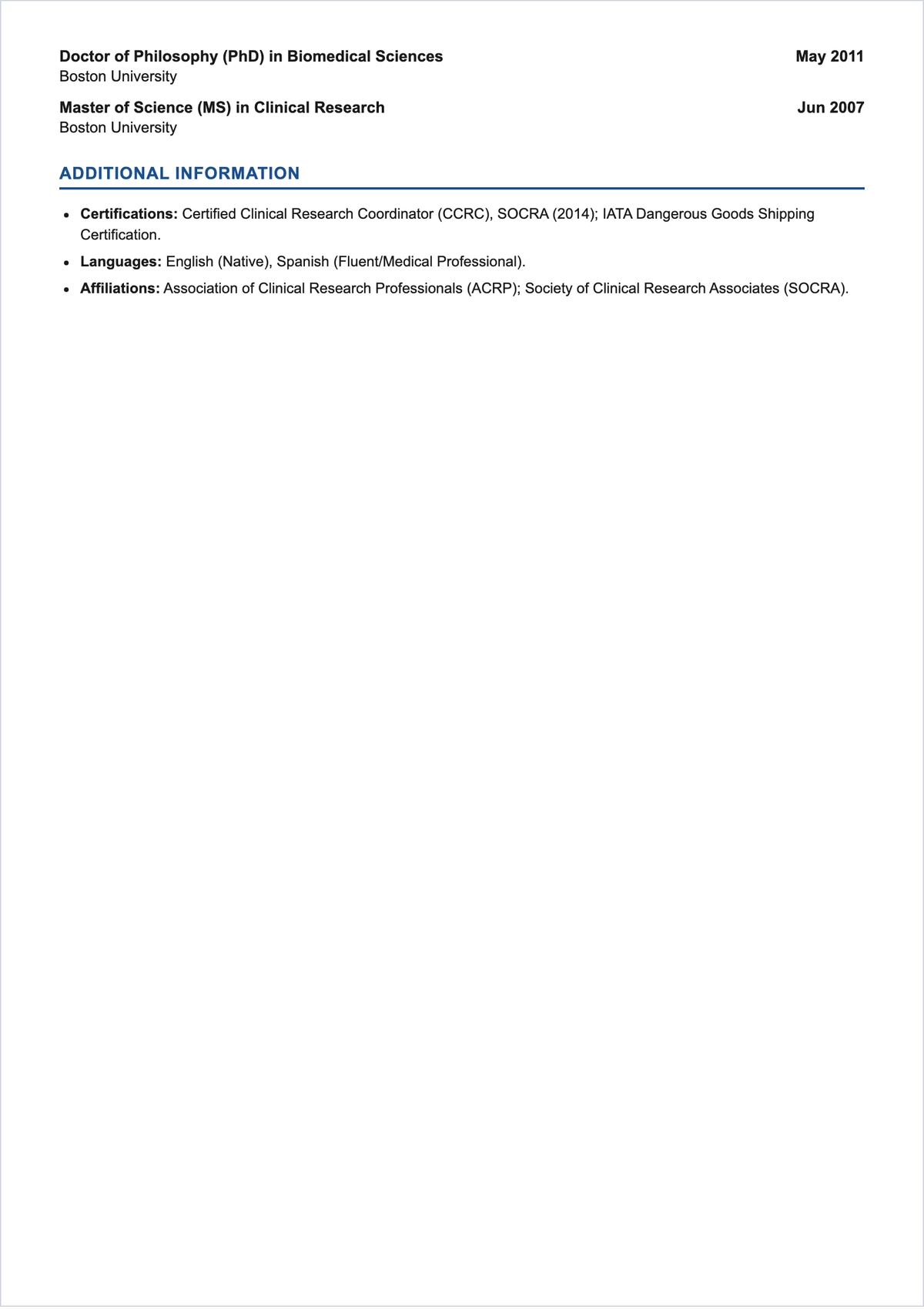 Free Academic Clinical Research ATS Resume Template, AI Resume Builder