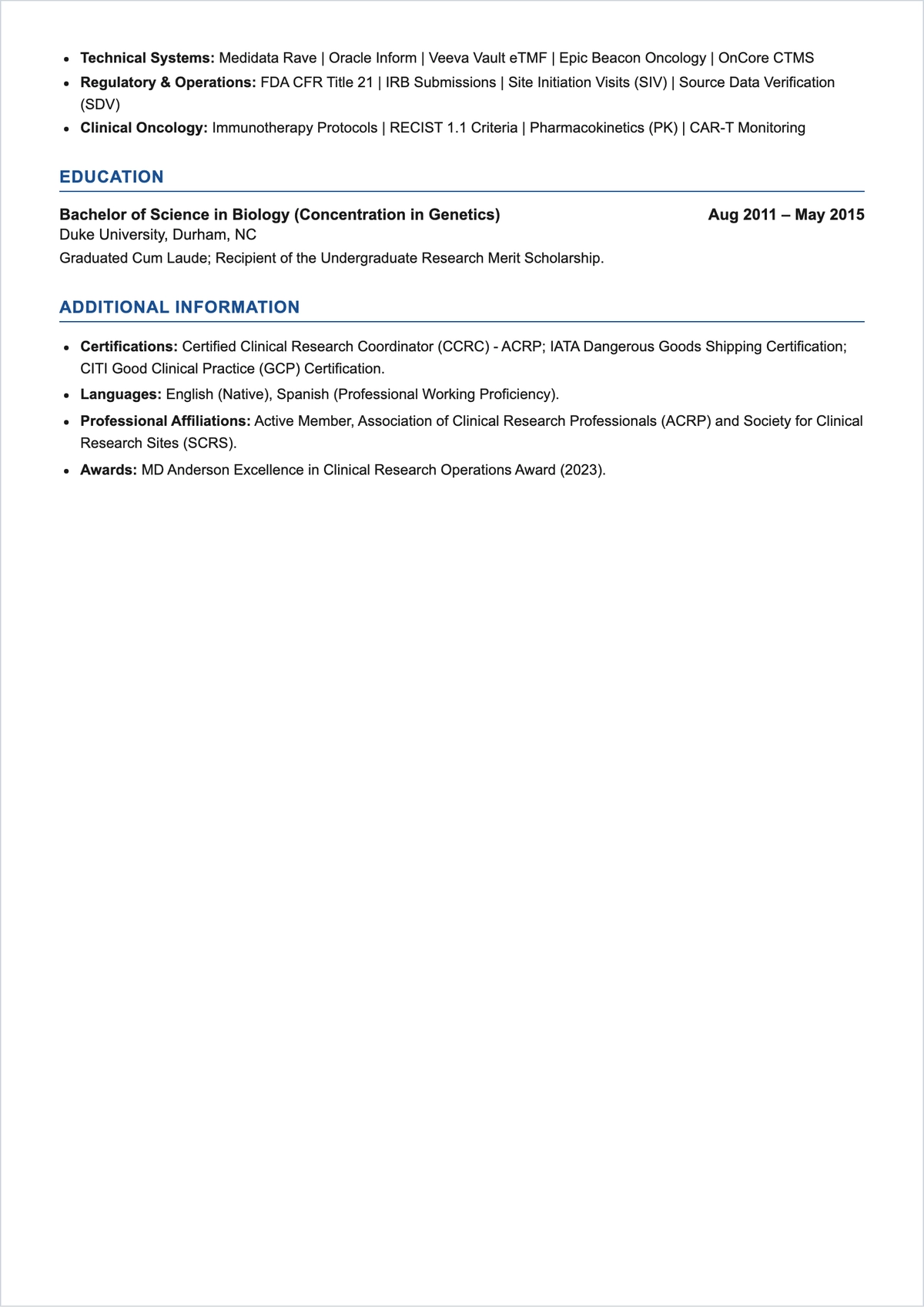 Free Oncology Clinical Research Format ATS Resume Template