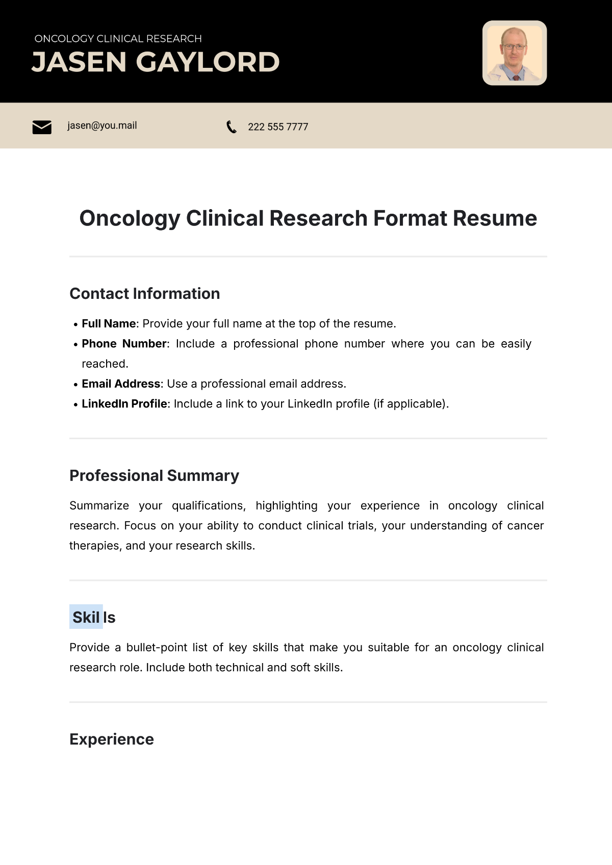 Free Oncology Clinical Research Format Resume Template