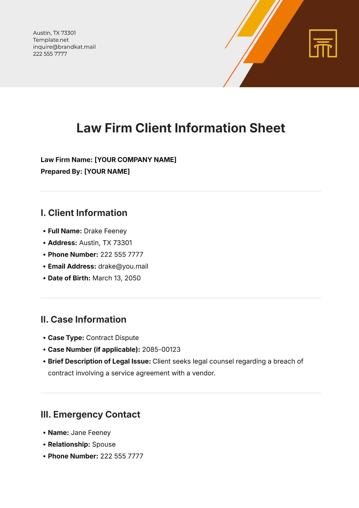 Free Law Firm Client Information Sheet Template