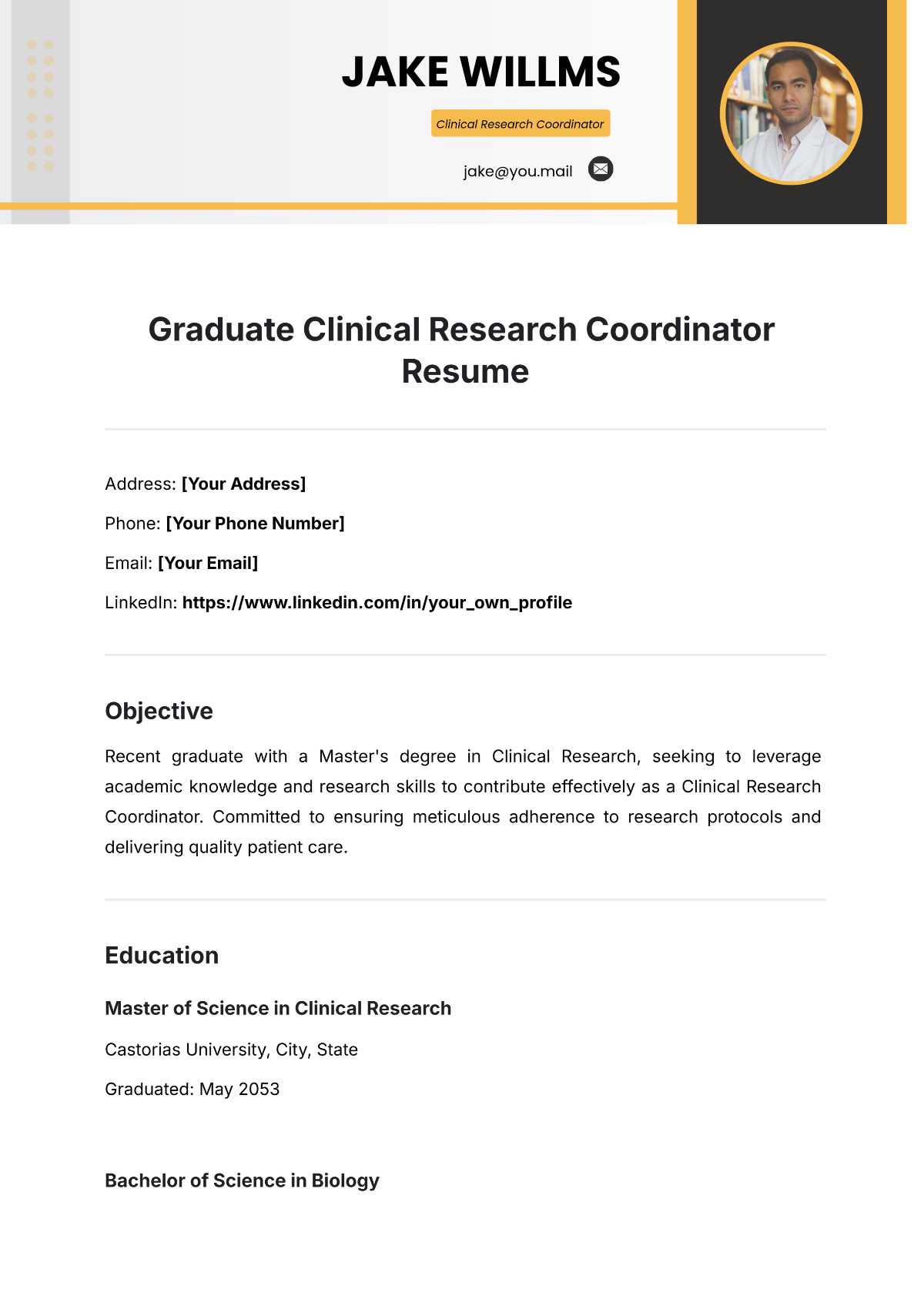 Free Graduate Clinical Research Coordinator Resume Template