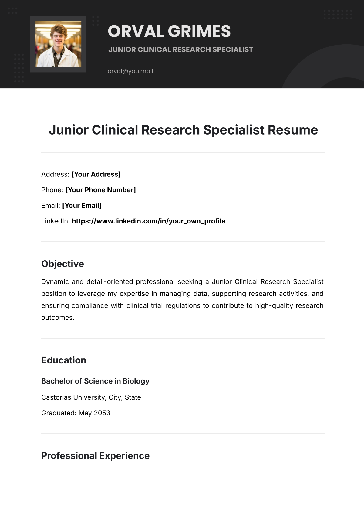 Free Junior Clinical Research Specialist Resume Template