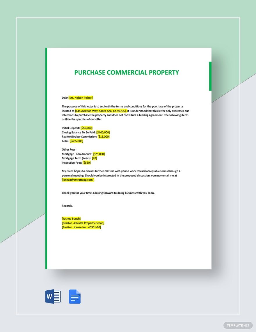 Letter of Intent to Purchase Commercial Property Template