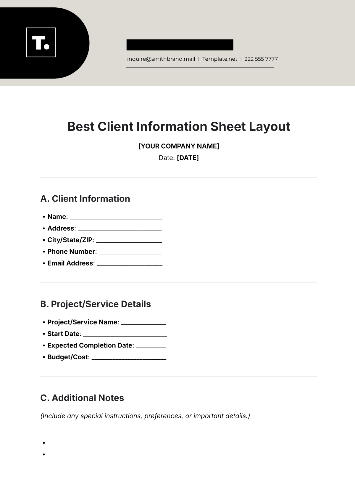 Free Best Client Information Sheet Layout Template