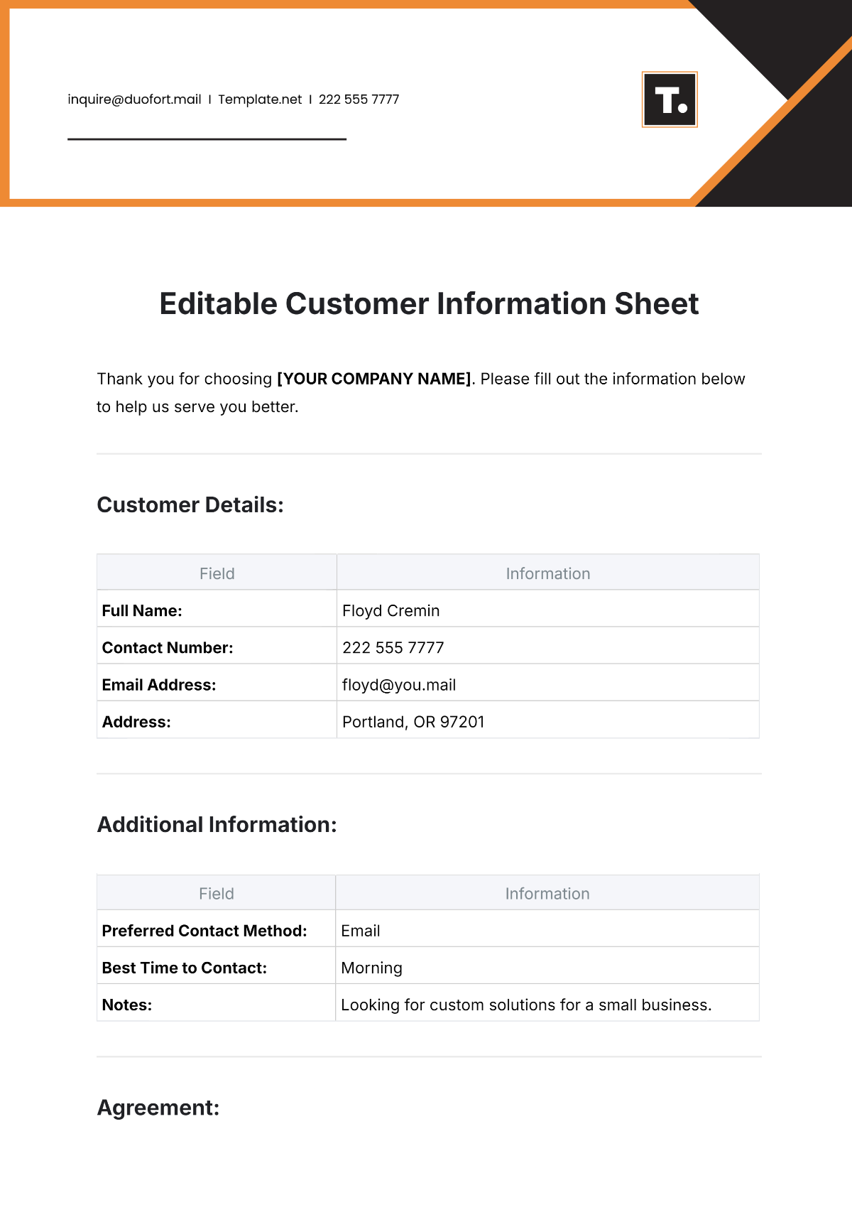 Free Editable Customer Information Sheet Template